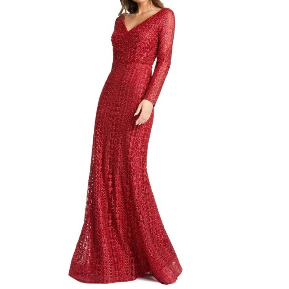 NWT Mac Duggal Embroidered Long Sleeve Red Trumpet Gown 20271